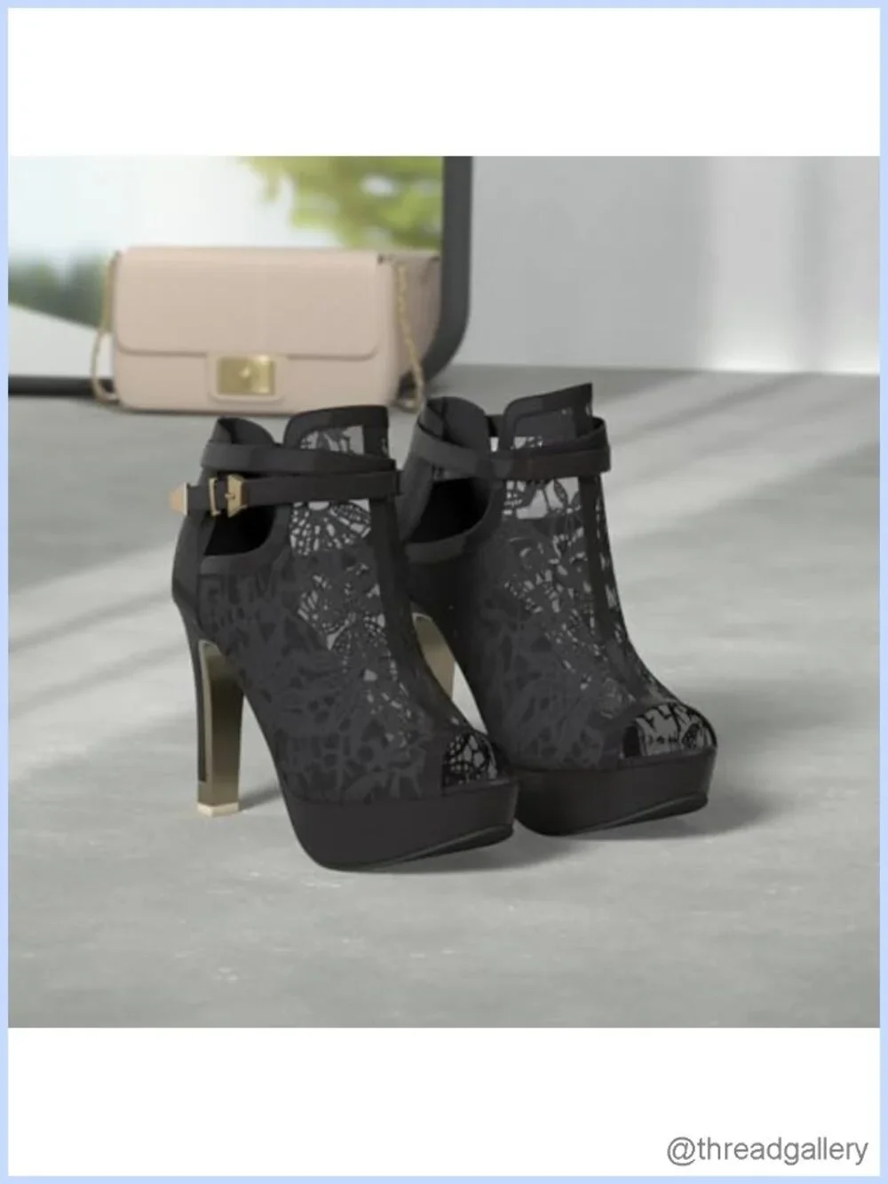 Faux Leather Lace Flower Open Toe High Heel Ankle Boots